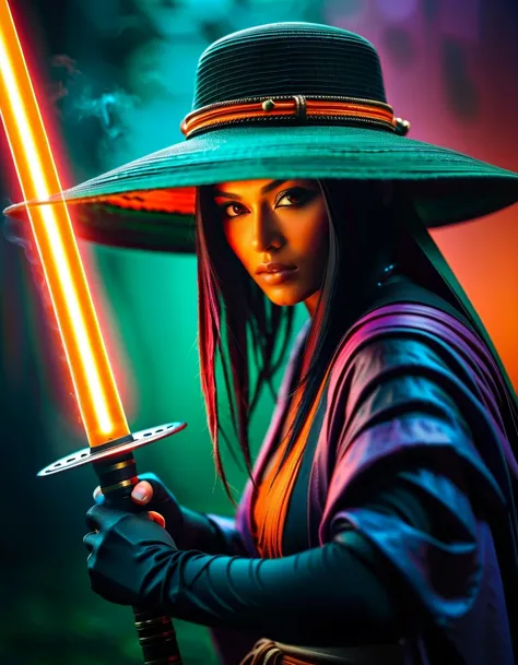 glamour portrait photo, macro, a captivating vibrant dark green-neon capturing the essence of a cyborg Bedouin sorcerer in fight stance, defying expectations by conjuring a whimsical robot freak from an oversized sedge hat. ethereal, smoky backdrop. throwi...