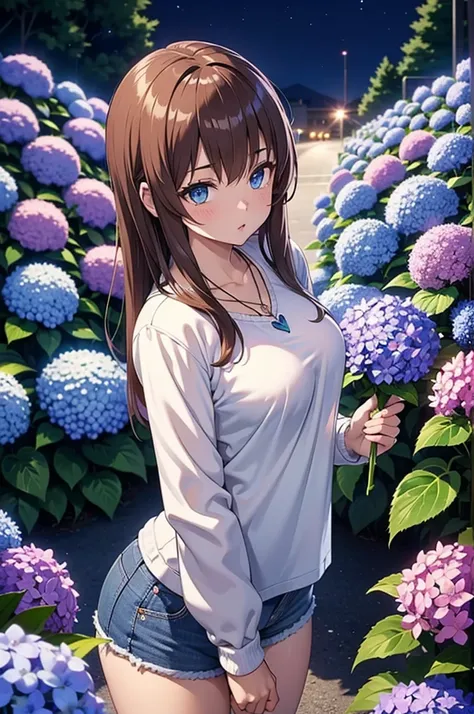 4K, June scenery,  beautiful woman,  long hair,   brown hair  ,  medium breasts,  blue eyes,  White Shirt , Hot Pants, Neon red heart necklace ,  View Audience, night,  brightly colored hydrangeas