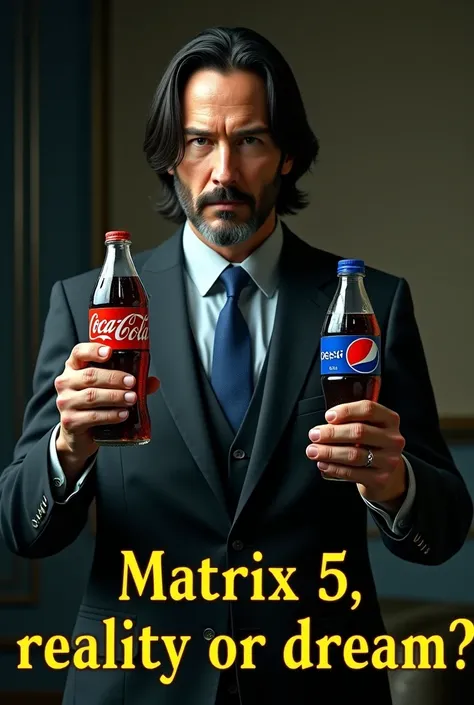  side View,　drinking pose ,  Coca-Cola glass bottle in the right hand, Pepsi-Cola PET bottle in the left hand ,  he is Pepsi-Cola PET bottle drinking , white American man is Keanu Reeves  , 60 years old, Serious ,  suit style,  blue tie,   my house, In New...