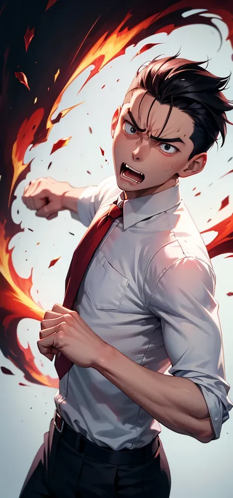 Anime boy wearing white shirt red tie, angry, pissed, yelling, punching, punch scene, action, fist 