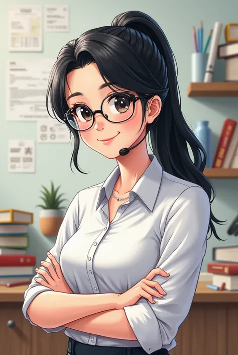  Create a realistic drawing of a full-body teacher,  looking to the side ,  smiling from 36 years old ,  black hair collected , glasses,  a headband microphone ,  white complexion , There are school supplies ,