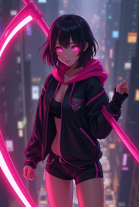 ((Best quality)), ((masterpiece)), ((detailed)), ((4k)), 20s age girl, asian looks, medium hair size, color Purple, Wearing a sexy black and Neon pink Jacket and black and neon pink Hoodie, Sexy shorts Pants, at her front have pop out status system of hes ...