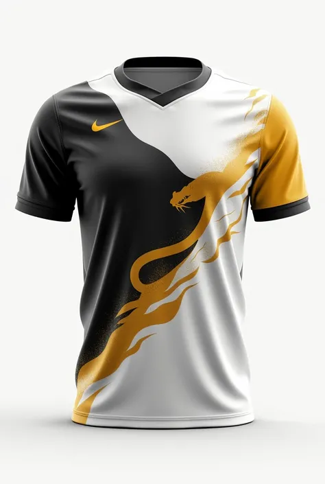 Design team jersey, white black and gold theme color, minimalist represent of fire, snake