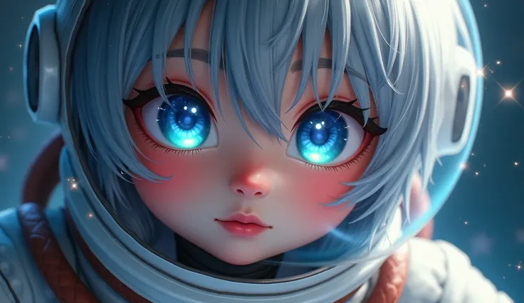  Close-up of an improved masterpiece :1.5)0.9], (Space and astronauts:1.2) ( Messy silver hair:1.1) (heterochromia:  xanthochromia and blue eyes :1.2) (Space helmet:1.0) ( Colored stars in the eyes:1.0) (A radiant glow:1.1) (Thick lips:0.9)Make a synoptic ...