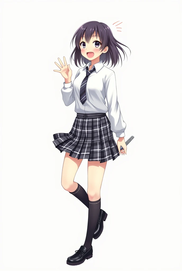 Anime teen woman wearing white long-sleeved shirt and plaid tie in dark gray and white tones and plaid pleated skirt in combination of dark gray and white colors, following a uniform pattern and socks In black , cover up to the knee and black full body sch...