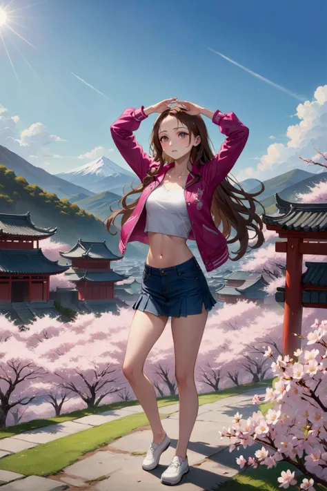 teenage woman, standing posed, raising arms posed, spring festival, cherry blossom blooming, mountain on background, (+forehead, long wavy hair, brown hair), magenta long sleeves jacket, white undershirt, denim skort, BREAK, (1girl, solo, full body), (best...