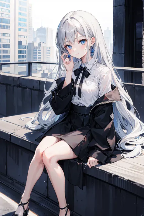 1 Girl,  long gray hair ,  blue eyes,  Black Dress ,  View Audience,  super clear, 8K, masterpiece, Ridiculous,  wearing a white shirt , City, Sitting, Smile