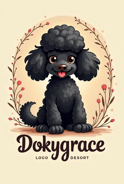 Give me a logo for a dessert cafe with a black poodle with the name of Dokygrace