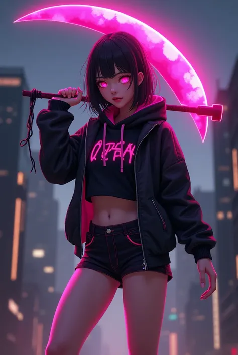 ((Best quality)), ((masterpiece)), ((detailed)), ((4k)), 20s age girl, asian looks, medium hair size, color Purple, Wearing a sexy black and Neon pink Jacket and black and neon pink Hoodie, Sexy shorts Pants, at her front have pop out status system of hes ...