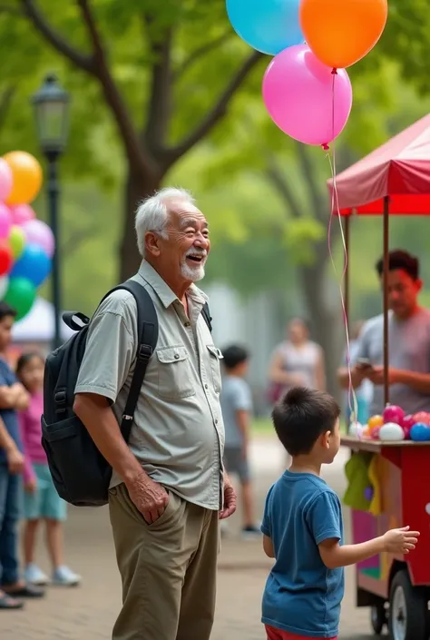 An elderly grandfather of Latin descent standing in a lively park setting, smiling warmly as he buys a colorful balloon for his young grandson from a vendor. The grandfather, dressed casually, watches fondly as the vendor prepares a balloon. The grandson s...