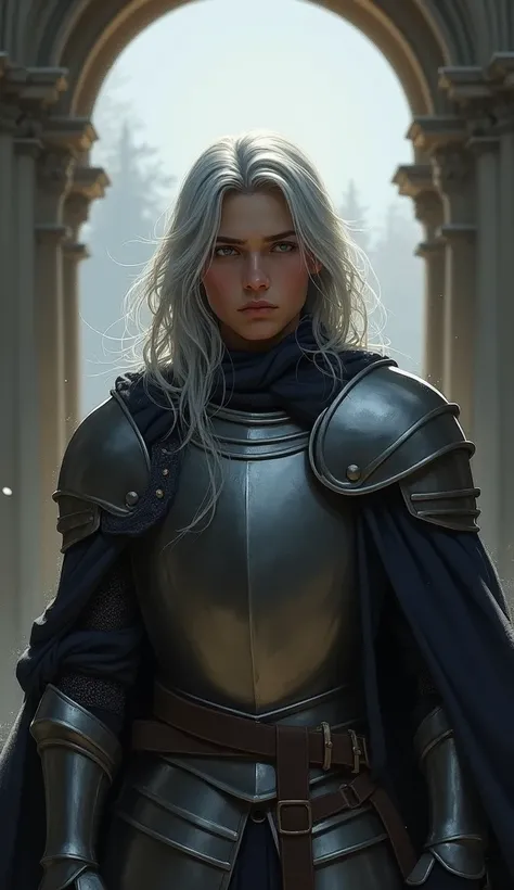 A handsome young knight with long silver hair and a sad face came out of the palace gates