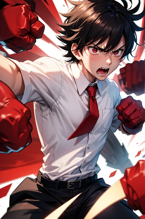 Anime boy wearing white shirt red tie, angry, pissed, yelling, punching, punch scene, action, fist, approaching to us, looking at us, punching 