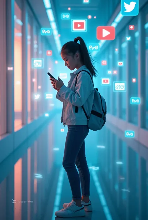 A modern depiction of the internet. A young person holding a smartphone in a brightly lit room, browsing the web with icons of social media, emails, and videos floating around them. The environment feels futuristic and accessible.