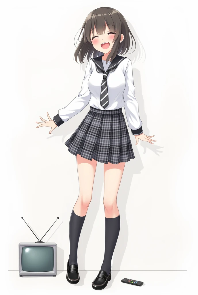 Anime teen woman wearing white long-sleeved shirt and plaid tie in dark gray and white tones and plaid pleated skirt in combination of dark gray and white colors, following a uniform pattern and socks In black , cover up to the knee and black full body sch...