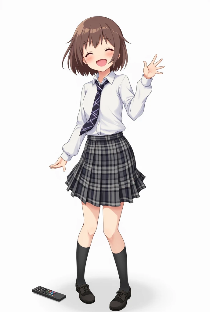 Anime teen woman wearing white long-sleeved shirt and plaid tie in dark gray and white tones and plaid pleated skirt in combination of dark gray and white colors, following a uniform pattern and socks In black , cover up to the knee and black full body sch...