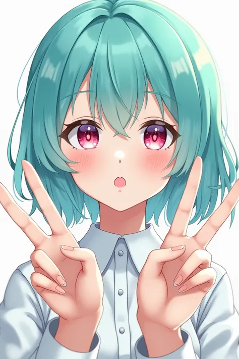 girl anime character with turquoise hair, brownish white skin, and wearing a white collared shirt, posing with two fingers (middle and index) forming the letter V, there is pink eyeshadow in her eyes and wearing peach lipstick