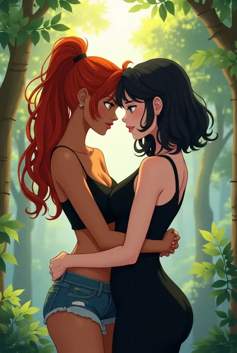 lesbian couple, girl,  tanned skin, redhead, with black locks , orange eyes, with top and short , abranzando a girl, light skin, black,  with white locks,  blue eyes,  black dress,  voluminous body,  in the woods, 2d anime style