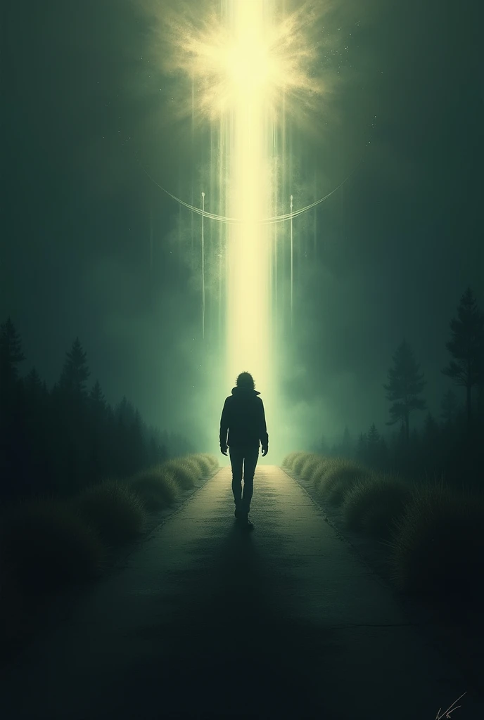  A person walking alone on a dark road , with a beam of light shining from the sky ,  as if God were watching and guiding .  The environment conveys hope emerging in the midst of difficulty.