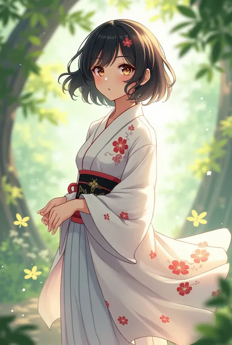  A young adult girl with a youthful and short , with medium brown skin , brown eyes and full wavy black hair ;  appearance wearing a white kimono with red flower details.
Estilo Genshin Impact