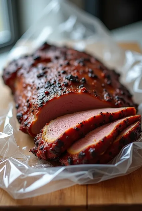 brisket cooked in the refrigerator wrapped in film
