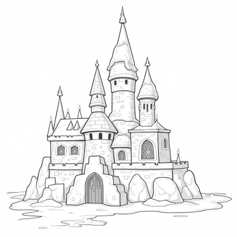 モノクロのLine art、Line art、 unpainted 、 the castle made of ice 、 the walls are snow bricks 、The roof is ice 、 the windows are in the shape of snowflakes、Coloring book、Main line thick 、High image quality、 no background