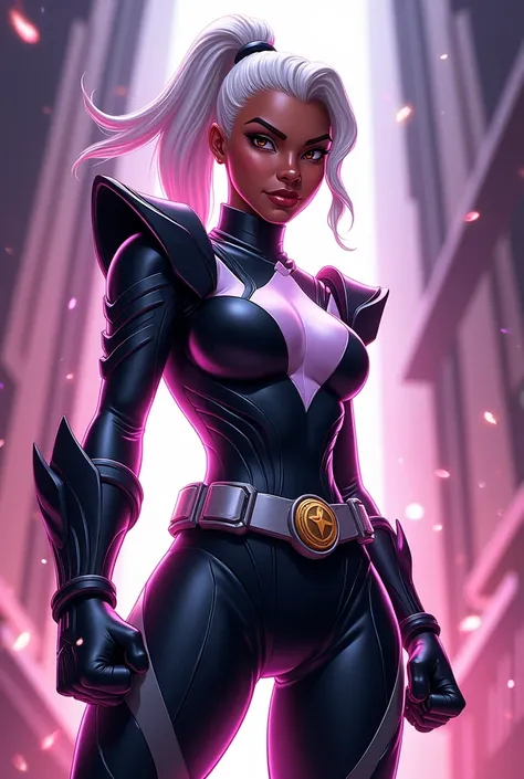 Create an image of a black power ranger woman with tied white hair, make the image look like a cartoon