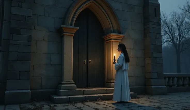 a weeping woman holding a candle at the door of a convent with her doors closed