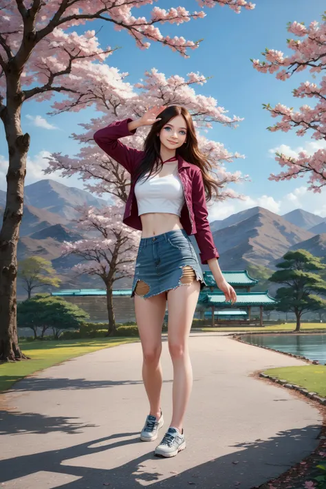 teenage woman, standing posed, raising arms posed, spring festival, cherry blossom blooming, green leaves trees, mountain on background, (+forehead, long wavy hair, brown hair), magenta long sleeves jacket, white undershirt, denim distressed skort, BREAK, ...