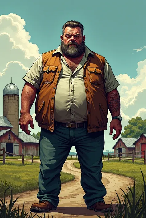 a fat man, 40 years old, full body, in the background a farm, the zombie apocalypse thematic, comic drawing style, HD, without gun,without weapons, very detailed.