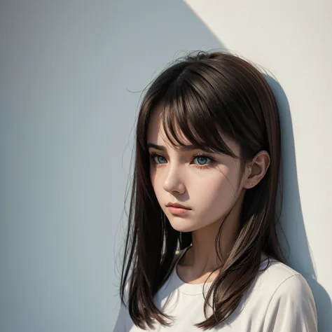 head shot wide angle, in Profile, solid light color background, A young Karina Varadi standing in front of a blank white wall with her eyes open, a hopeless expression, 			
