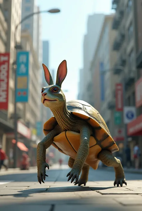 Create rabbit to turtle mix up 3d animation image in city 