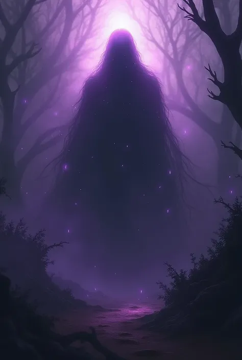 Show a unknown mysterious aura, it should be darkness and wild

Purple lights coming and the surrounding should look dangerous and dusty with darkness mist