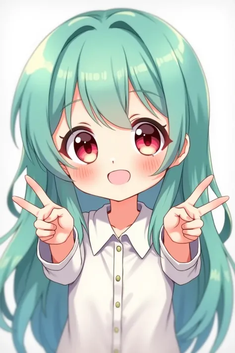 girl chibi anime character with turquoise long hair, brownish white skin, and wearing a white collared shirt, posing with two fingers (middle and index) forming the letter V, there is pink eyeshadow in her eyes and wearing peach lipstick