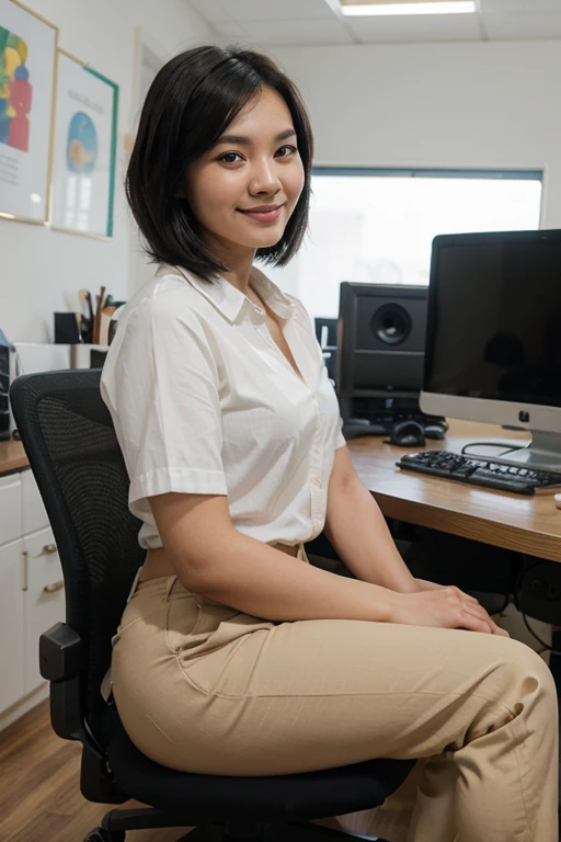 A realistic image of a young Thai woman, around 24-25 years old, with short black hair, smiling sweetly while sitting at her desk in an office. She is wearing a simple shirt and long pants, appearing natural without makeup. The office setting includes a co...