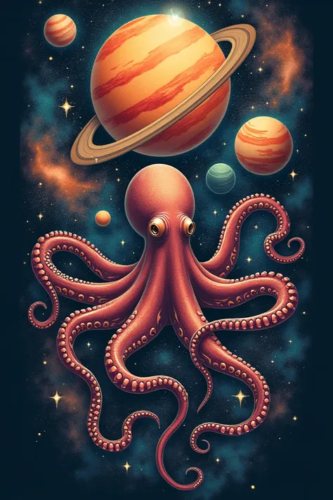 A tattoo design consisting of planets, octopus and stars