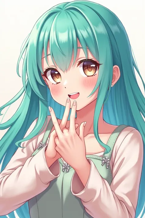 girl anime character with turquoise long hair, brownish white skin, and wearing a white collared shirt, posing with two fingers (middle and index) forming the letter V, there is pink eyeshadow in her eyes and wearing peach lipstick