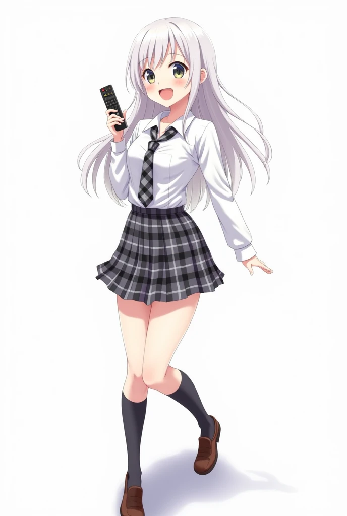 Anime adolescent woman with schoolgirl white long-sleeved shirt and plaid tie in dark gray and white tones and plaid skirt in combination of dark gray and white colors , following a uniform pattern and socks In black ,  cover up to the knee and black full ...