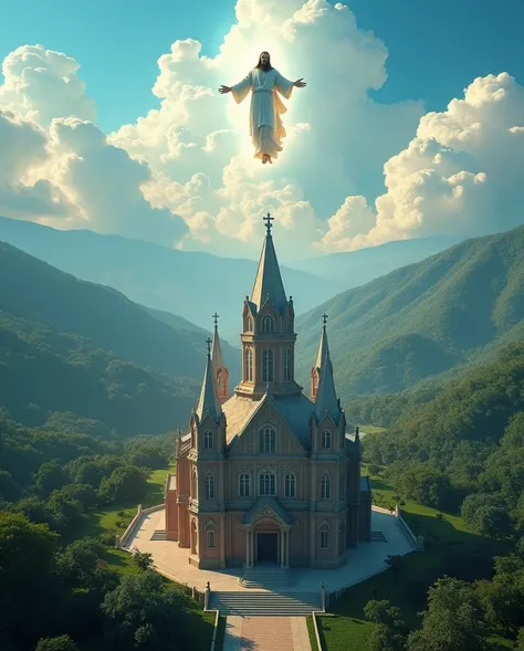 Apatzingán Cathedral , Michoacán,  from above Jesus seeing the cathedral,  sky with clouds . 