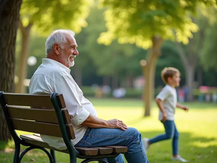 An elderly grandfather of Latin descent sitting on a park bench, smiling warmly as he watches his young grandson play joyfully nearby. The grandfather, dressed casually, has a relaxed and content expression. The grandson is running around on a grassy area,...