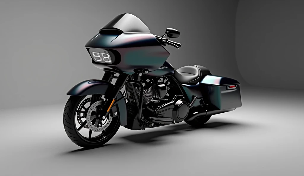 Generate a high-resolution, fully realistic image of a (2025 Harley-Davidson CVO road Glide ) in ( Color )dark black , with a sleek and modern exterior, futuristic wheels, and a shimmering body color, displayed in a luxurious . The image should be highly d...