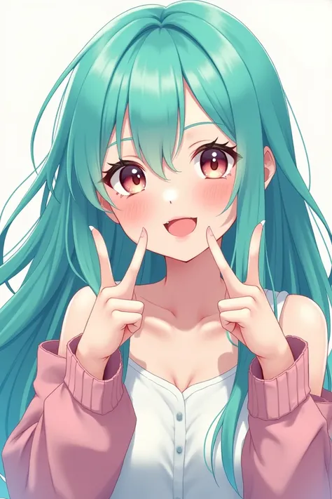 girl anime character with turquoise long hair, brownish white skin, and wearing a white collared shirt, posing with two fingers (middle and index) forming the letter V, there is pink eyeshadow in her eyes and wearing peach lipstick