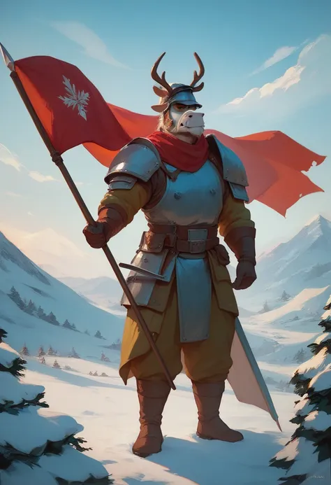  Draw a historical warrior in traditional costume , holding a spear with a small flag ,  standing between snow-white scenery .  The face of the warrior is obscured to add mystery ,  and the atmosphere shows the harshness of winter warfare.