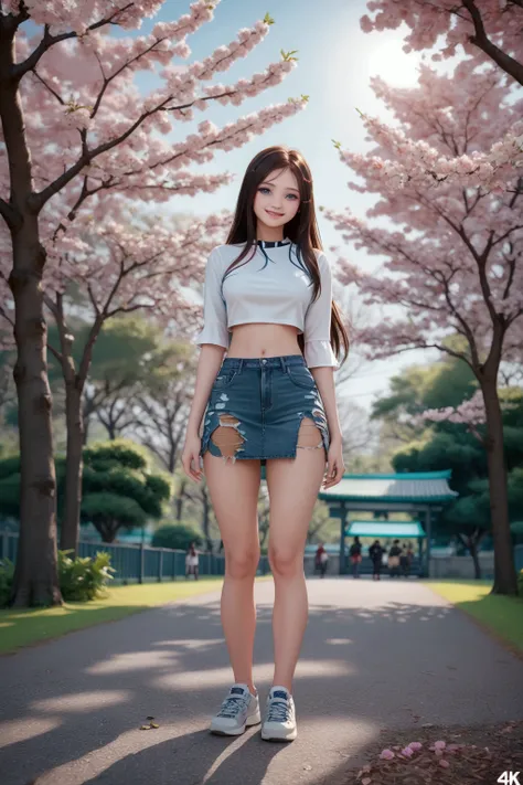 teenage woman, standing posed, spring festival, cherry blossom blooming, green leaves trees,  (+forehead, long straight hair, brown hair), white 3/4 sloping sleeves crop shirt, denim distressed skort, white sneakers, BREAK, (1girl, solo, full body), (best ...