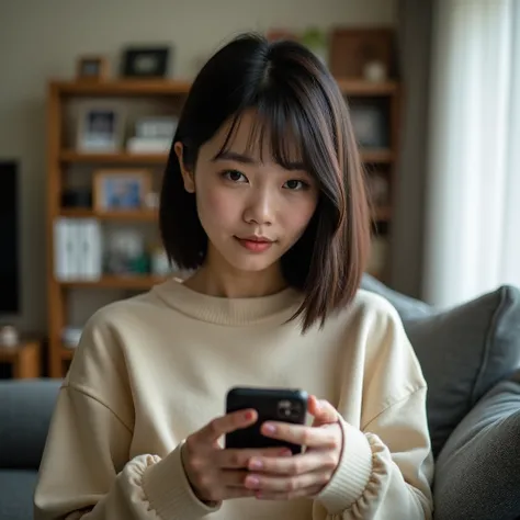 Japanese women use smartphones in the living room of their homes、Realistic photos like selfies。Hair is either naturally straight or shoulder-length bob、No special editing required。Eyes on the face、nose、mouth、Contours vary with each generation、Details that ...