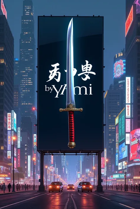 On a large billboard in the city is written by Yami and a samurai sword inside the billboard.