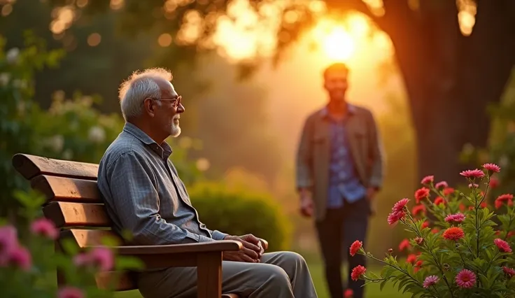 A serene garden at sunset. A retired teacher, Mr. Raman, sits on a wooden bench surrounded by flowers and trees. The soft, golden light of the setting sun illuminates his thoughtful face as he enjoys the calm evening. And a young man, Ajay, enters the gard...