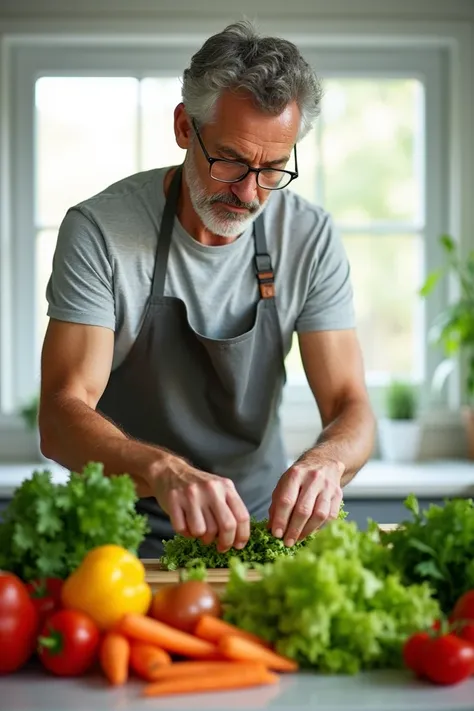 Preparing a salad by man