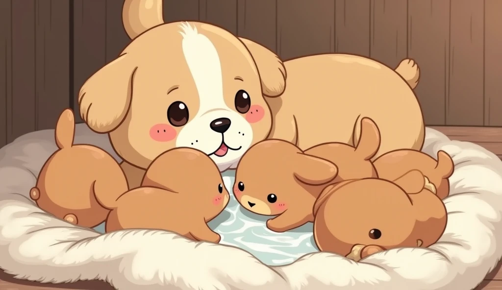 Anime, small brown puppy fighting with other puppies to drink milk from their mother 