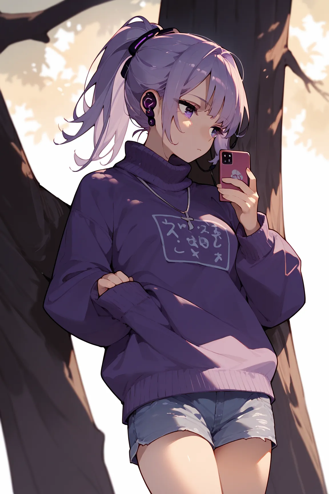 masterpiece,1girl,solo,light purple hair,purple sweater,violet eyes,jean shorts,airpods,leaning back against tree,japanese schoo...