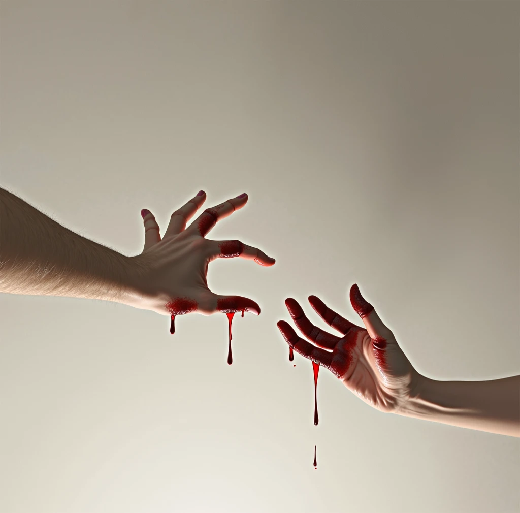 The right hand with a little blood on it and the left hand receiving the blood